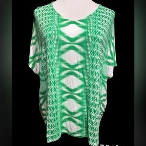 Chico's Diamond Stripe East West Top Cilantro Green White Ikat V-Neck Size 2 Lge